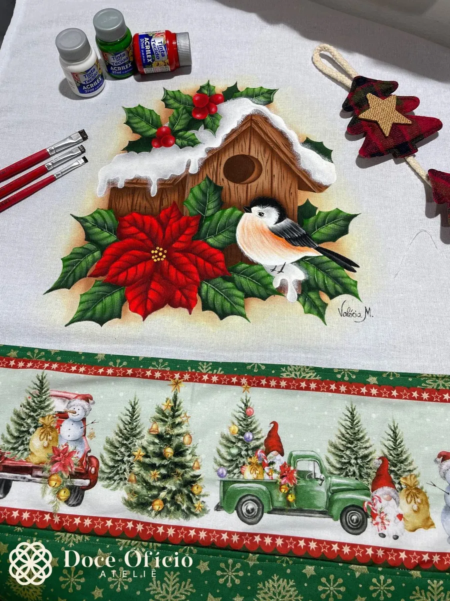 Pano de copa natalino Casinha e Pássaro